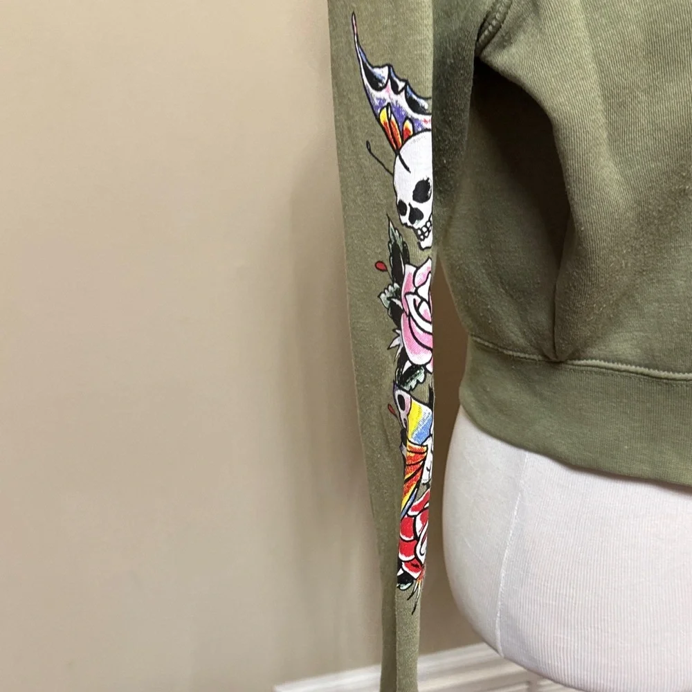 Y2K Ed Hardy Olive Cropped Zip Up Hoodie with Vibrant Graphics Size XL pre-owned - Picture 5 of 7